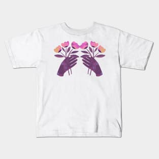 Purple hand with pink and yellow flowers for you Kids T-Shirt